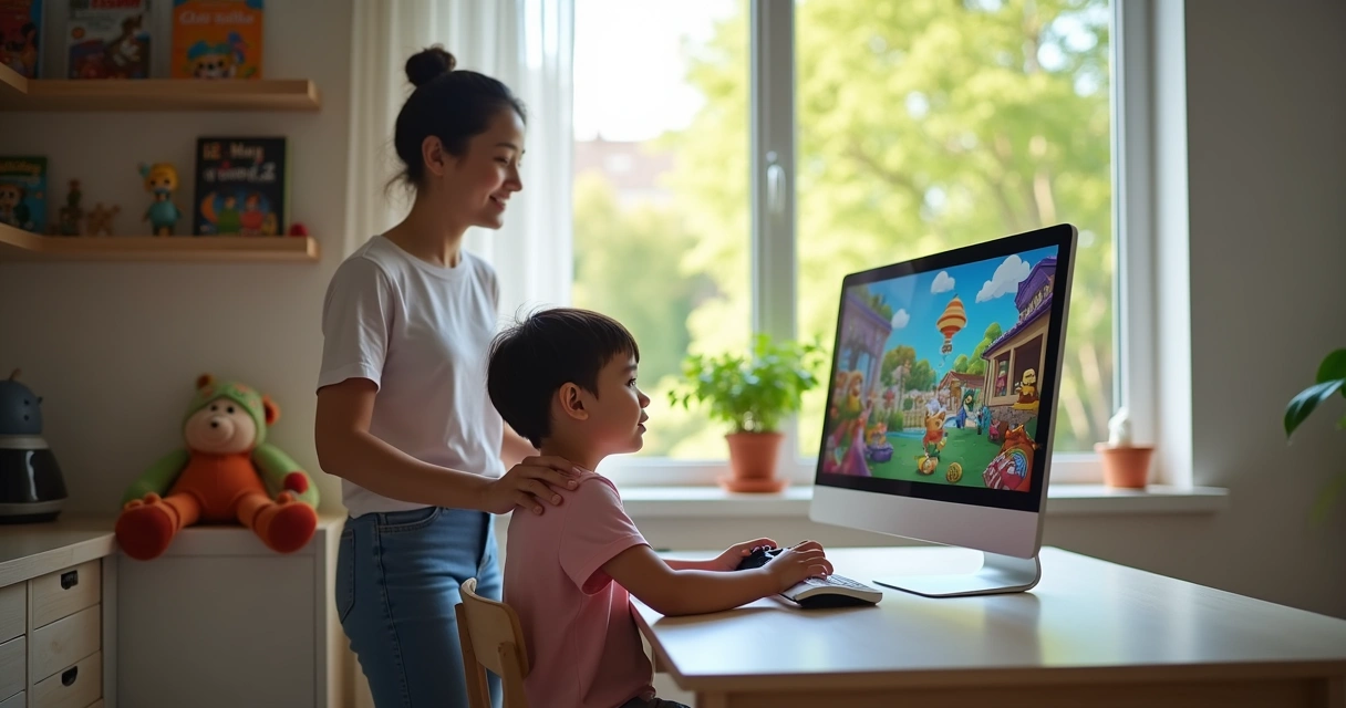 Criança jogando videogame em um computador de mesa com um dos pais por perto.