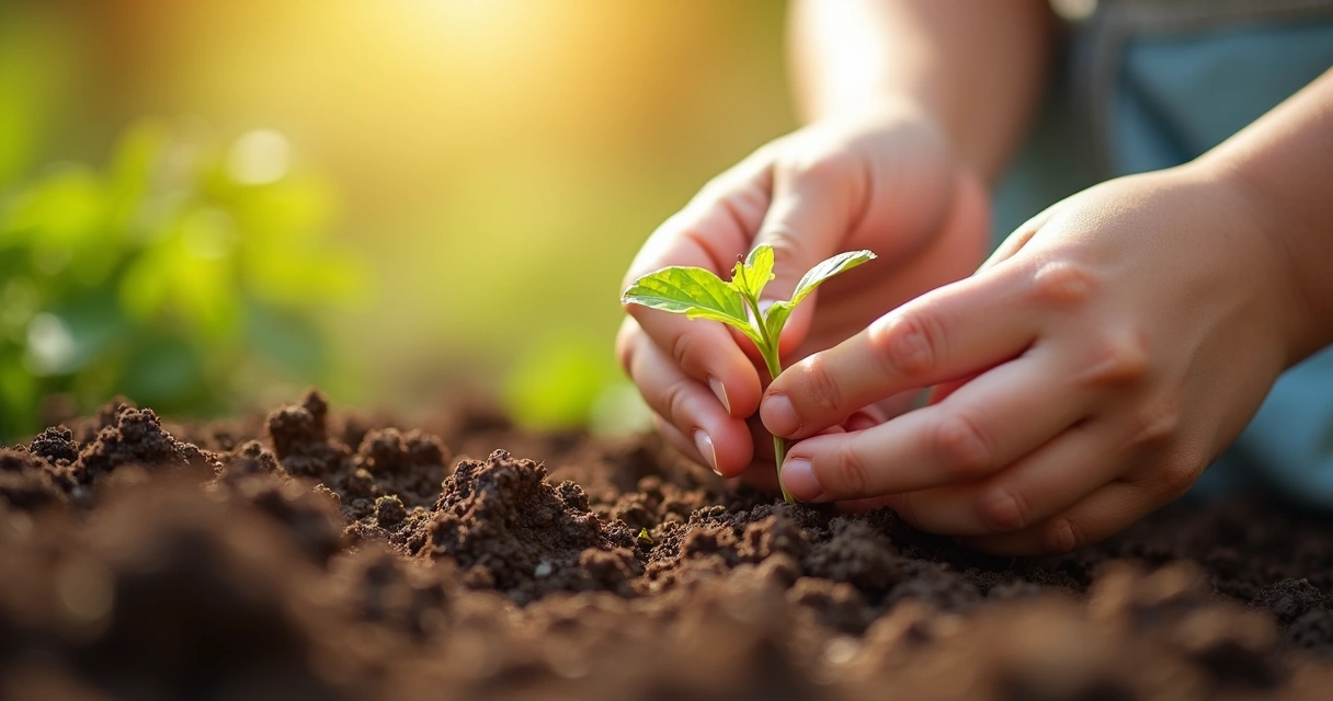 Child planting a small seed in soil, sunlight on hands