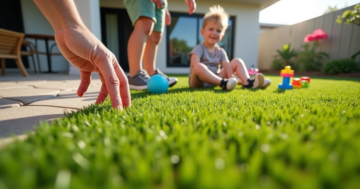 Parent and child testing soft artificial turf in an Orlando backyard 