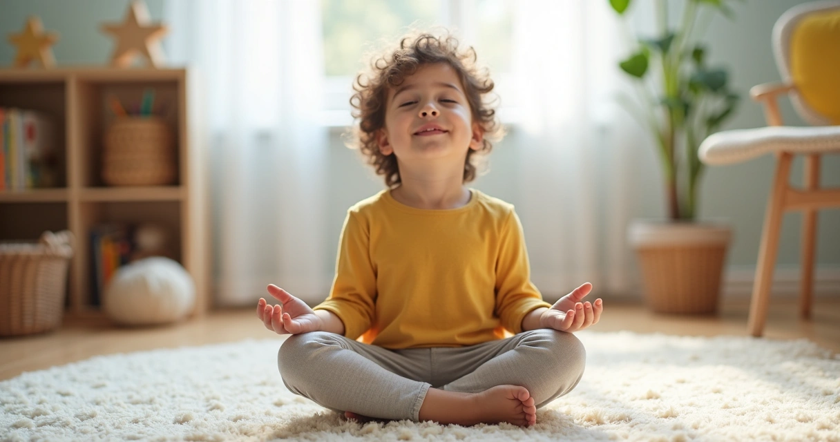 Child sitting with eyes closed practicing calm breathing 