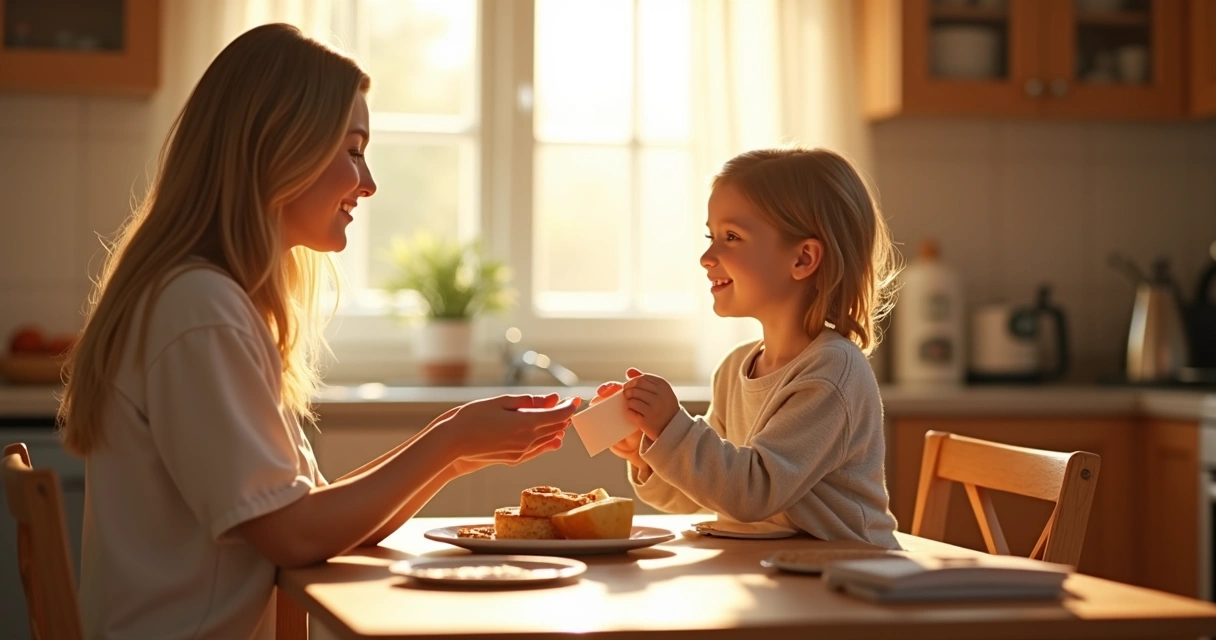 Child smiling and thanking mother in kitchen 