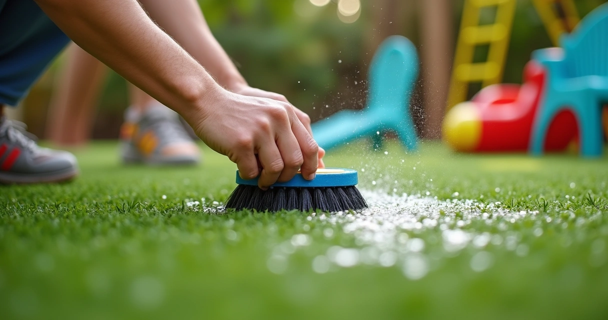 Parent cleaning turf in backyard play area Central Florida
