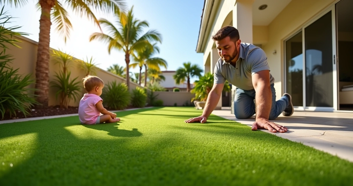 Professional installing turf with kid watching Central Florida