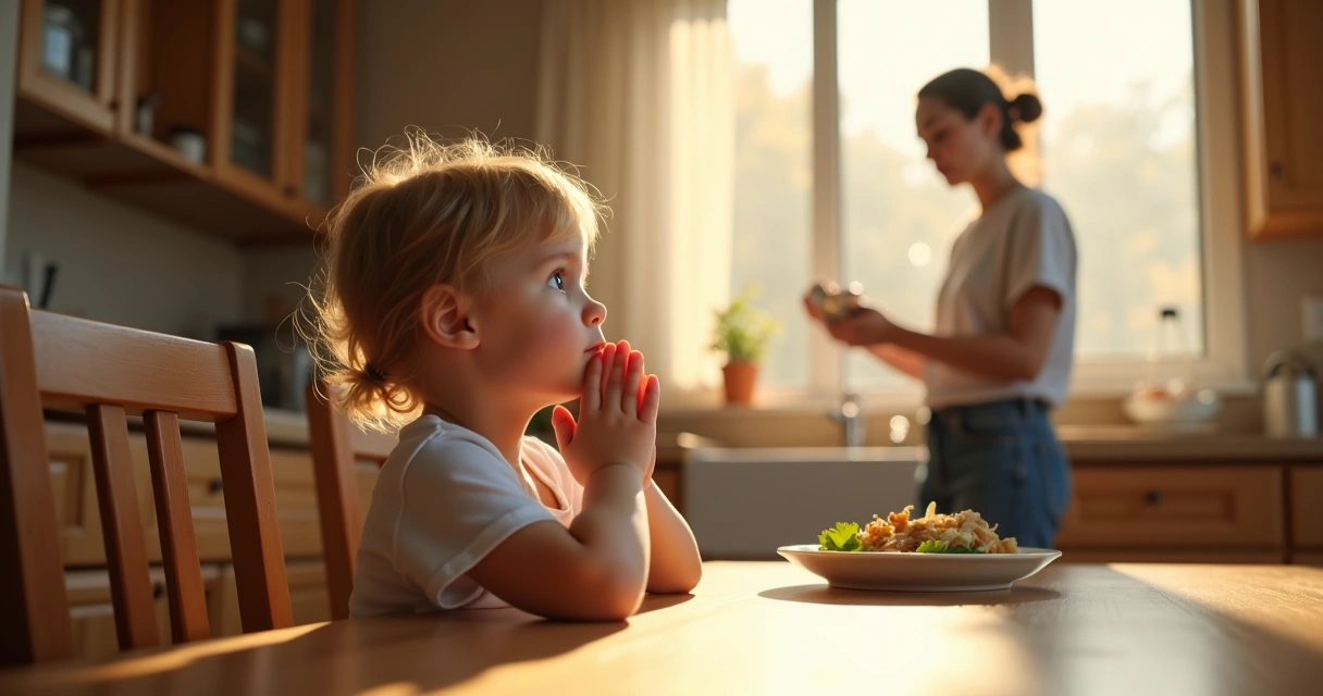 Young child sitting at a table, hands folded, patiently waiting for food 