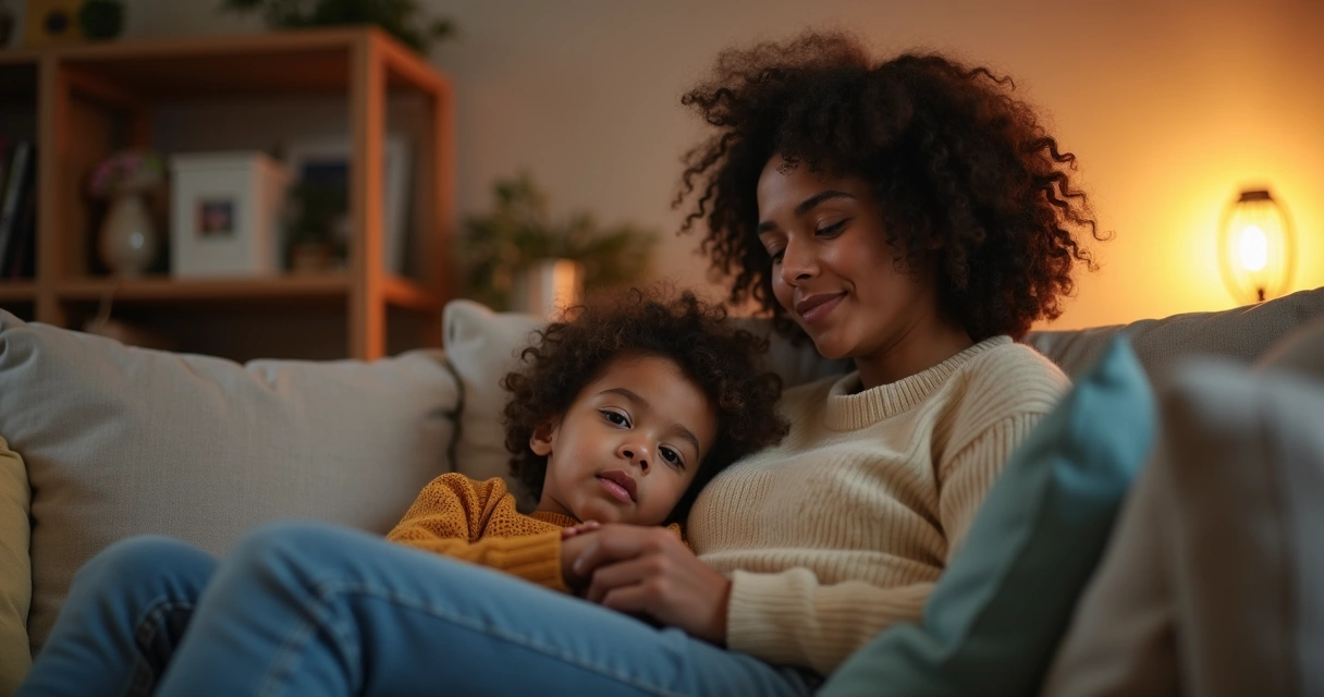 Parent comforting child by sitting side by side holding hands 