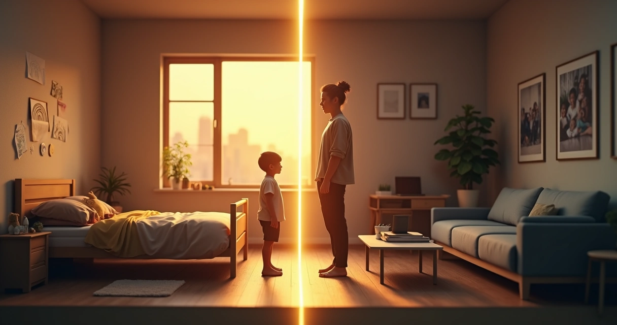 Silhouettes of child and adult connected by glowing thread across rooms 
