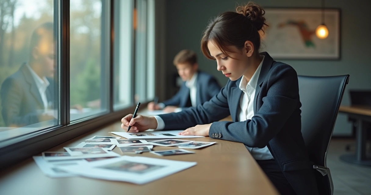 Professional looking at childhood photos, reflecting in office 