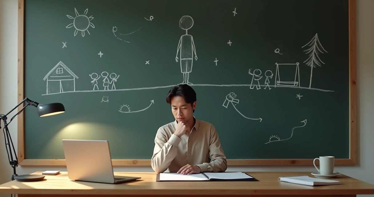 Adult at desk overshadowed by large chalk drawing of child behind 