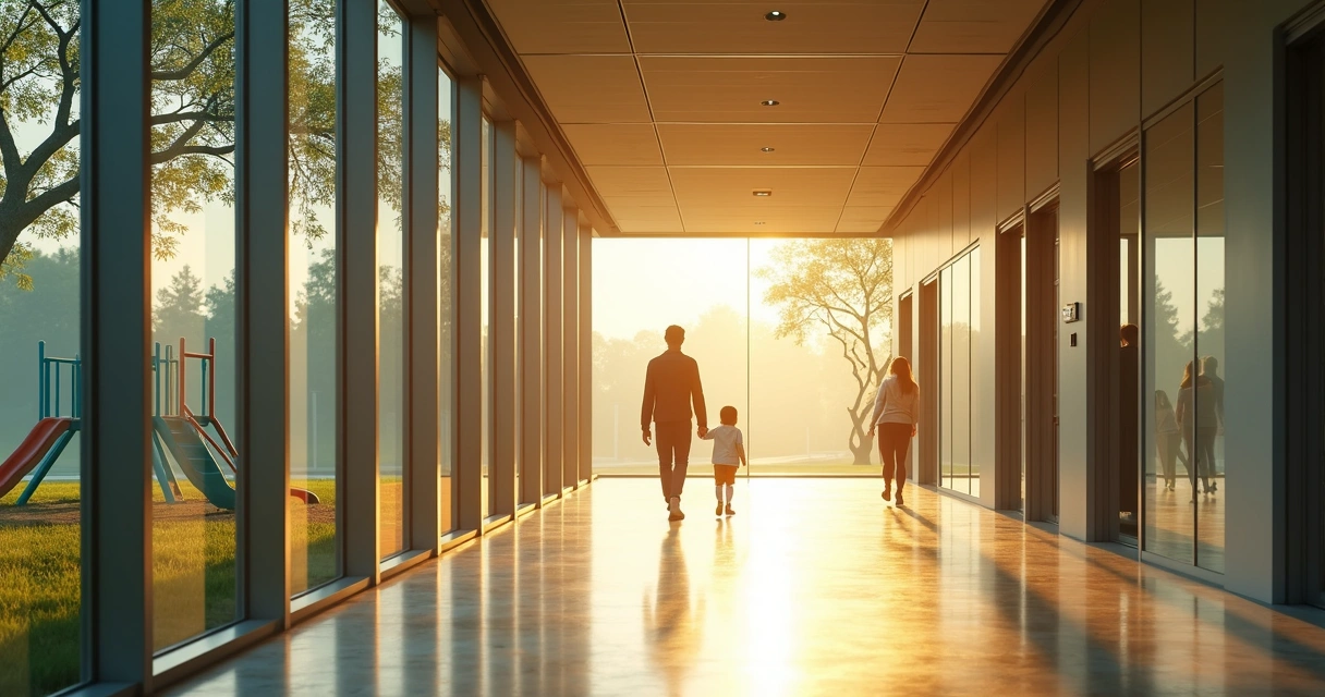 Office corridor dissolving into a childhood playground scene 