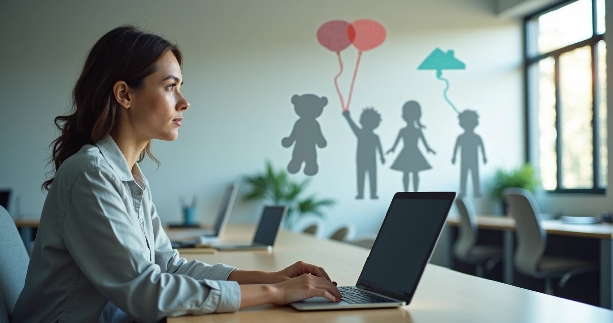 Adult professional at desk with shadow of child drawings on wall 