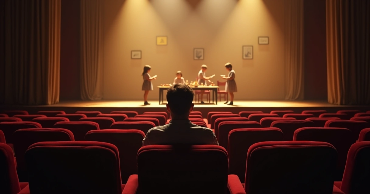 Adult observing a childhood stage play representing old behavior roles 