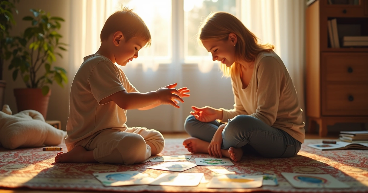 Child and adult playing with colorful oracle cards on a rug 