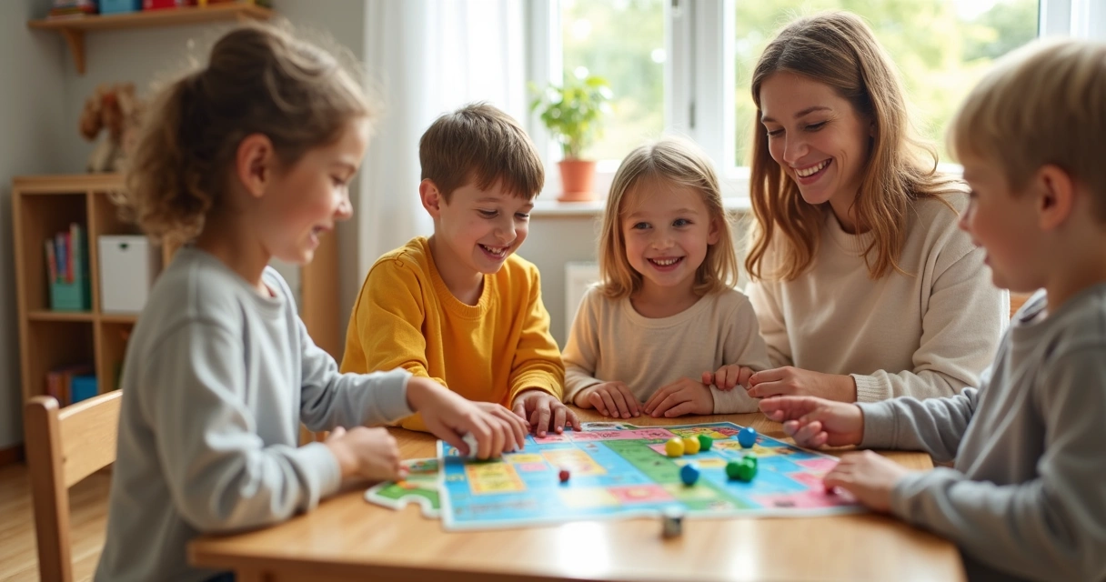 Children playing a board game with an adult 