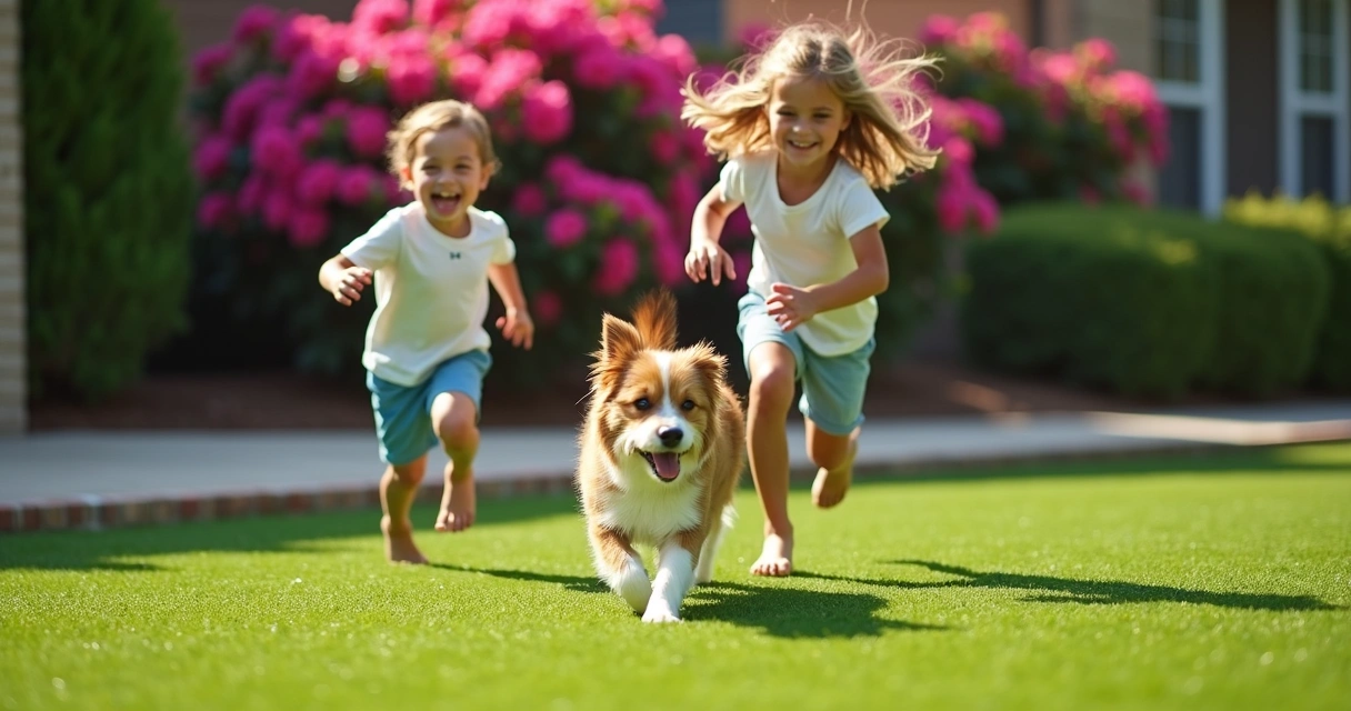 Children and small dog playing catch on lively artificial turf. 
