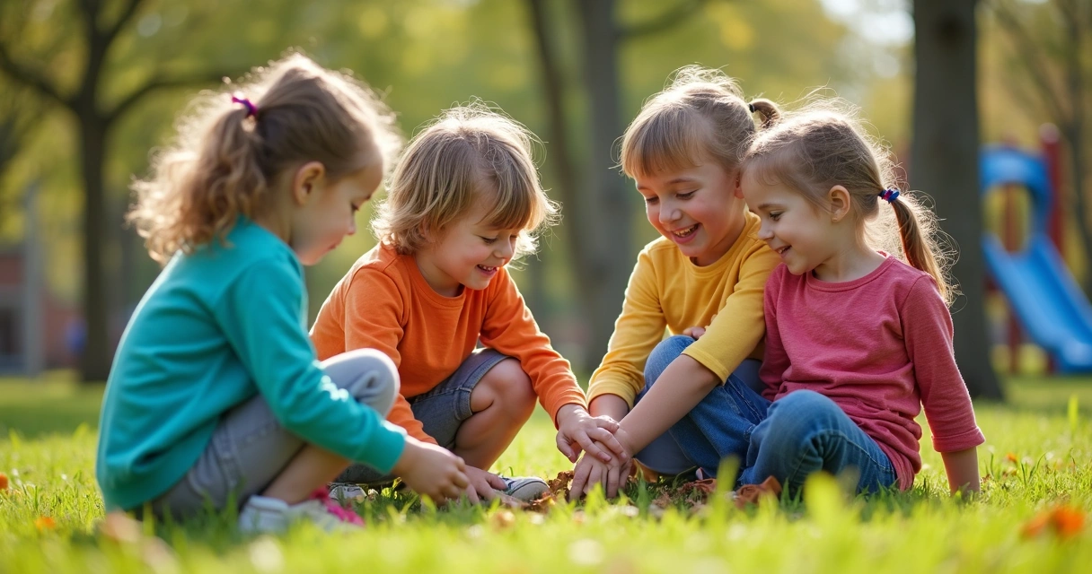 Group of children helping each other during an outdoor activity 