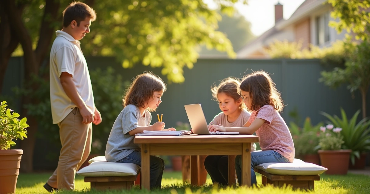 Children sitting at a garden table with books and laptops