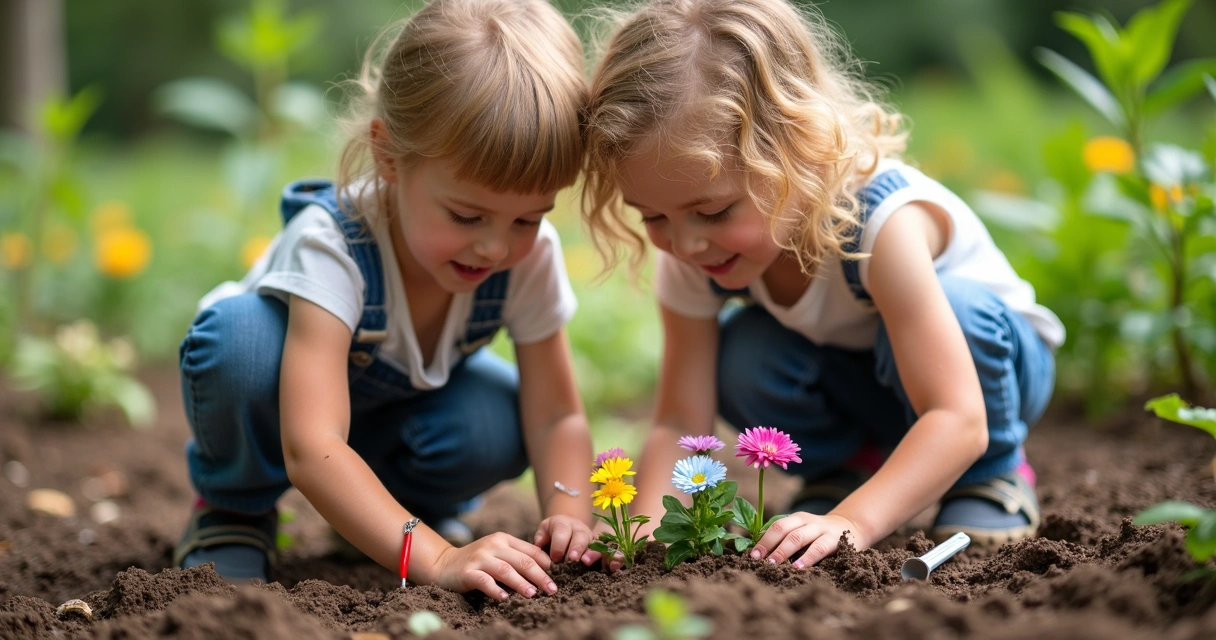 Two kids planting small flowers in soil together