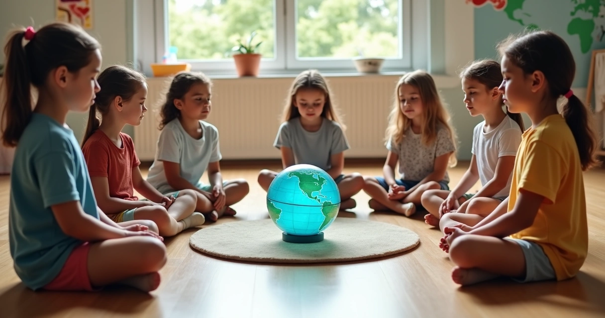 Diverse children meditating in a circle around a small globe 