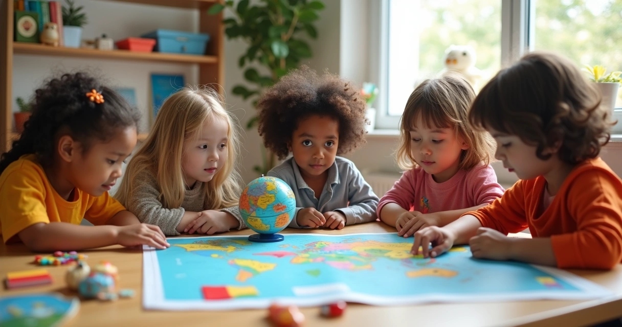 Diverse children exploring world map and cultural objects together 