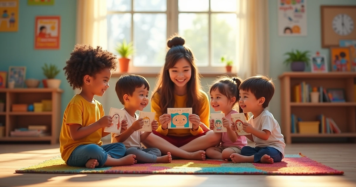 Children and teacher sitting in a circle, discussing emotions with illustrated cards 