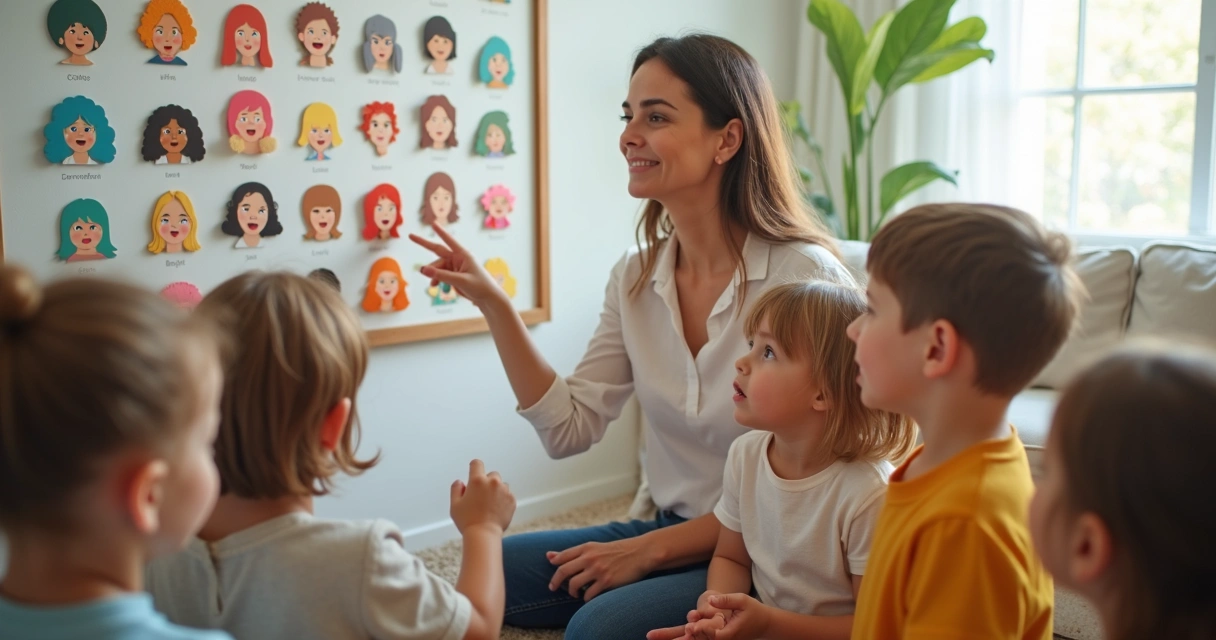Children pointing to feeling faces chart at home 
