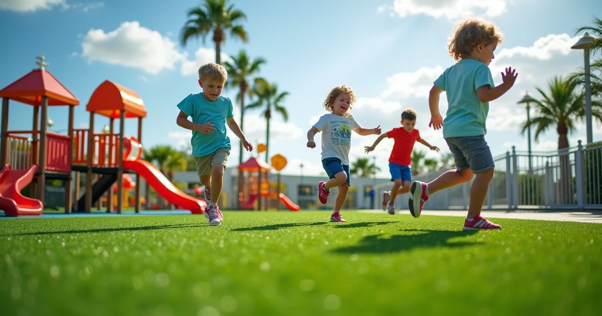 Children playing on artificial turf in a sunny playground 