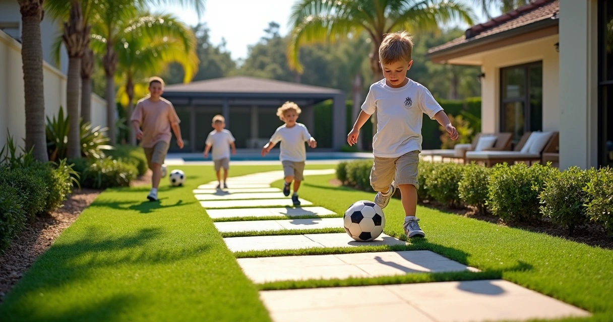 Kids playing soccer artificial turf and paver patio central florida