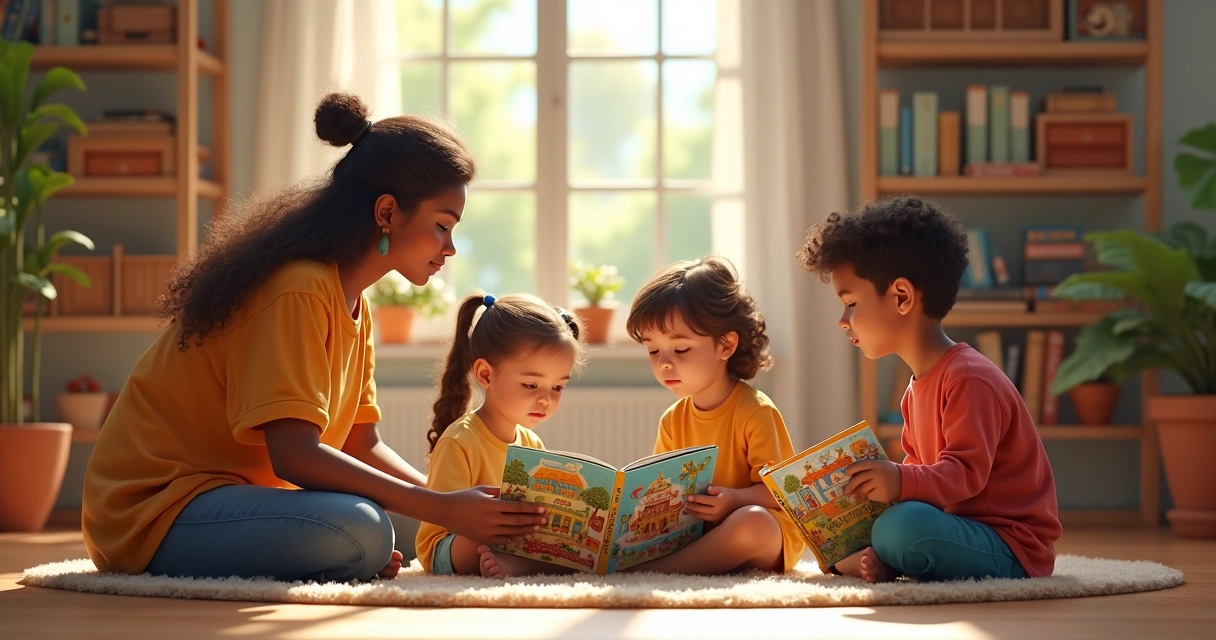Children reading picture books about world cultures with an adult guide 