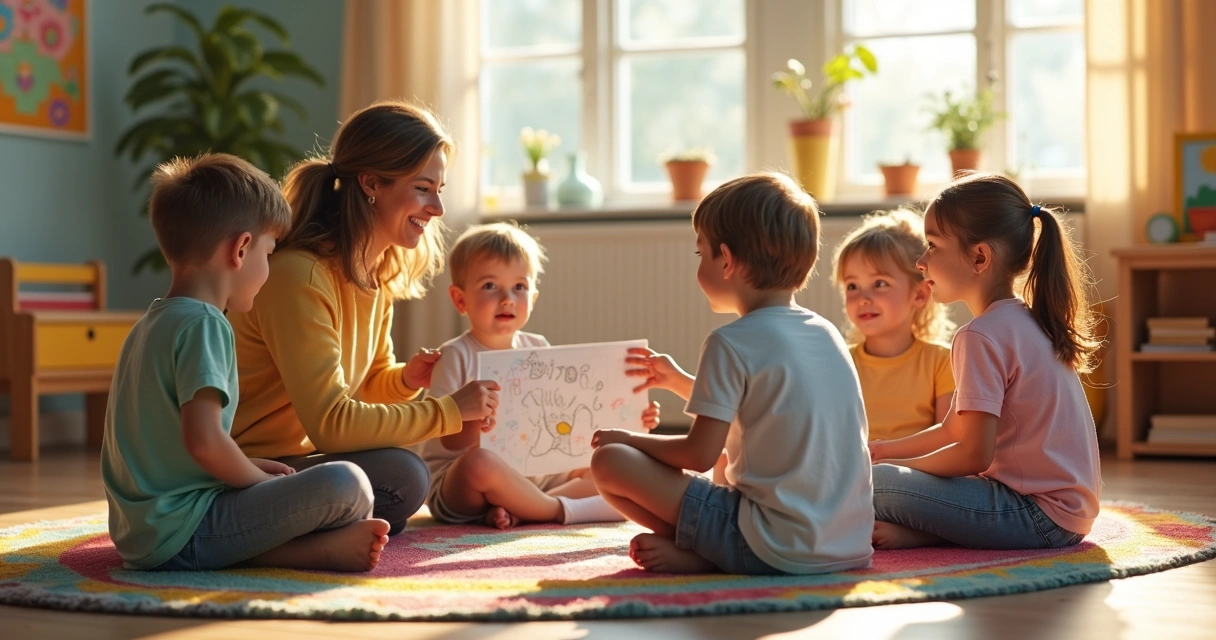 Children in a bright classroom sitting together in a circle, engaged in a reflective discussion session. 
