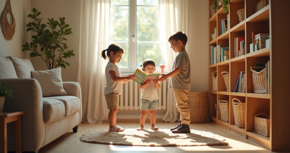 Two children putting books away together in a tidy room