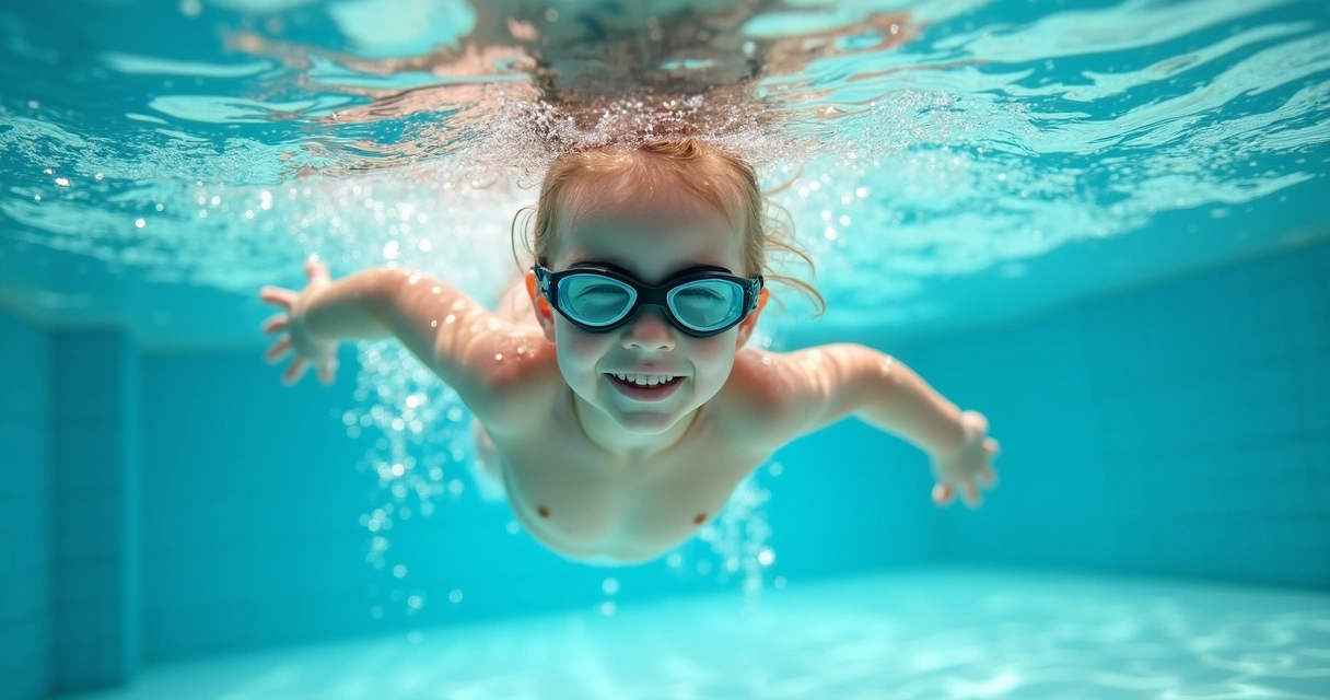 Child swimming in clear saltwater pool 
