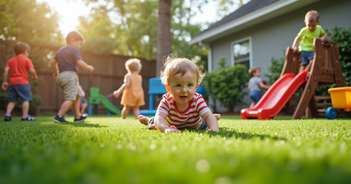 Children playing on dense, short-pile artificial turf in a backyard 