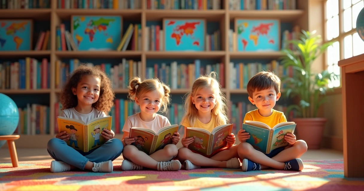 Children reading books about different cultures around a big bookshelf 