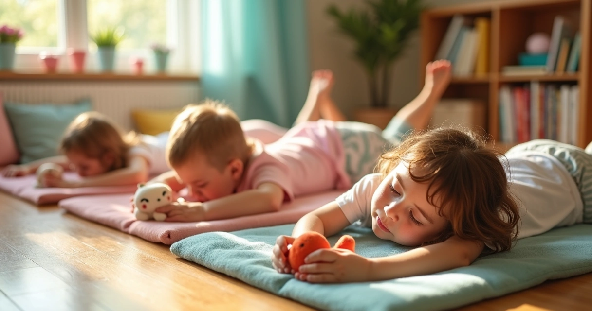 Children lying on their backs with small toys on their bellies for breathing practice 