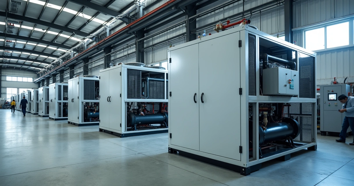 Equipamento chiller modular em ambiente industrial com painéis de controle e conexões visíveis 