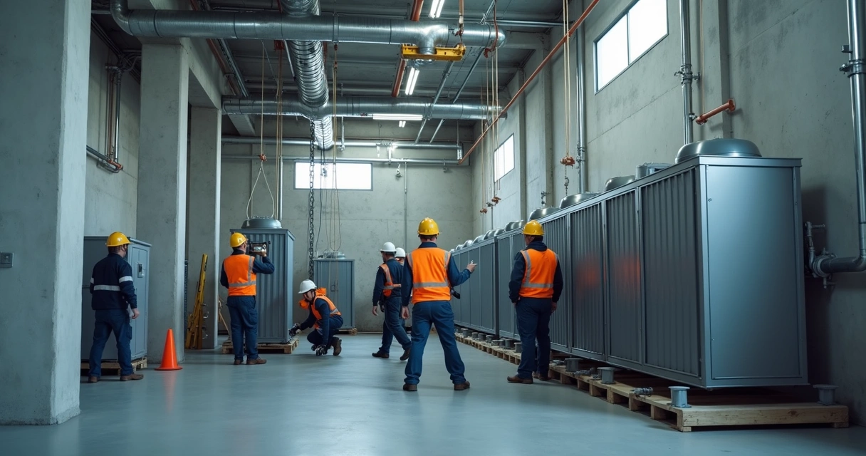 Equipe instalando módulos de chiller em uma área industrial com pouco espaço 