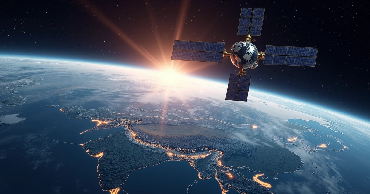 Satélite chinês orbitando a Terra acima das regiões polares com vista de mapas digitais e rotas de navegação 