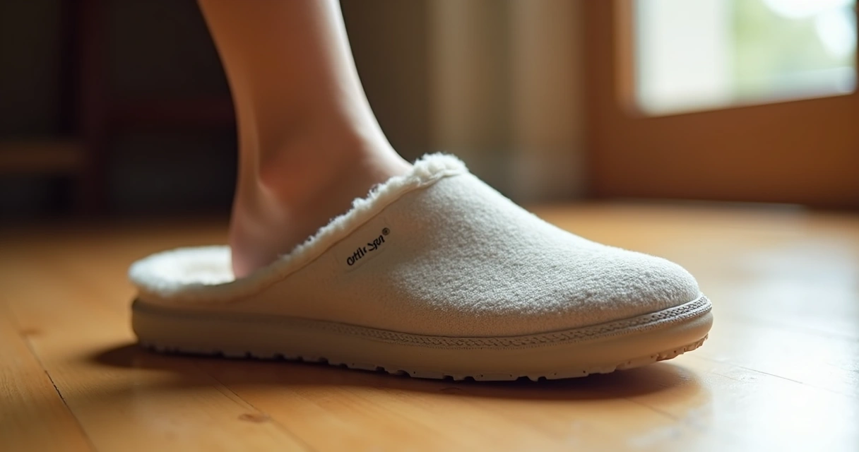 Chinelo anatômico aberto ao lado de superfície de madeira 