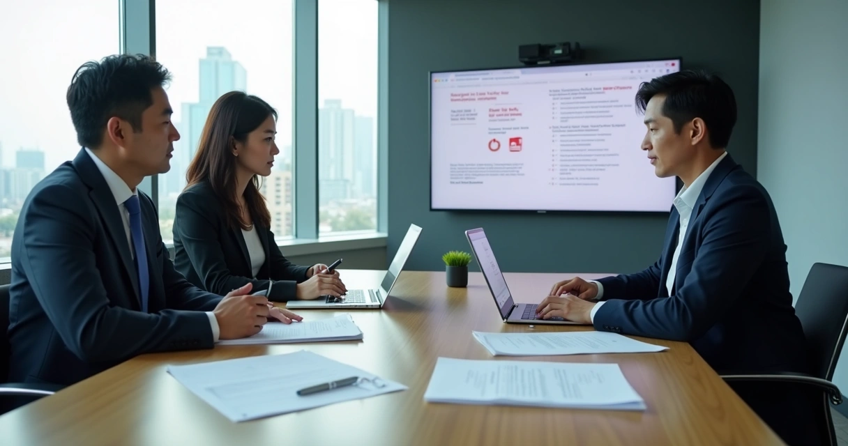 Chinese business professionals reviewing contracts at a conference table 