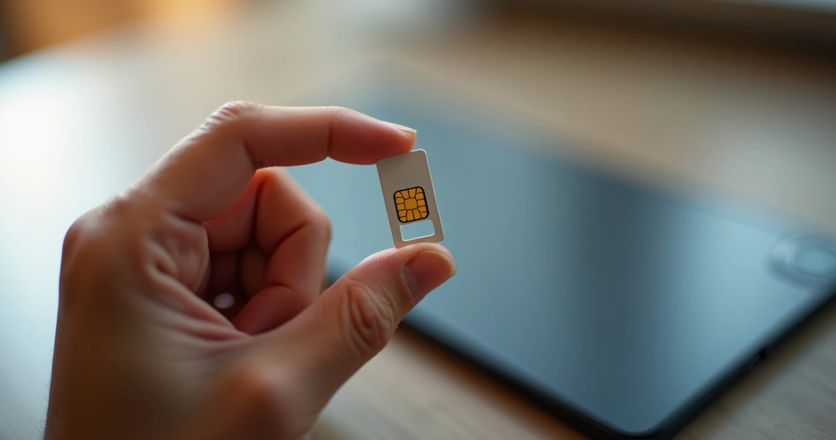 Mão segurando chip de celular pequeno entre os dedos