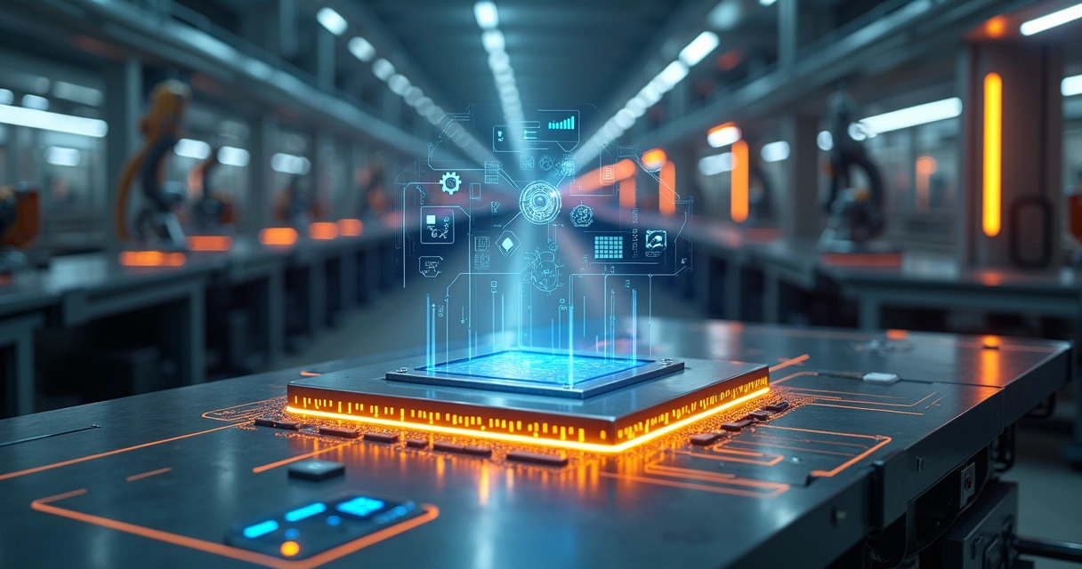 Processador industrial brilhante sobre placa controlando linha de produção automática 