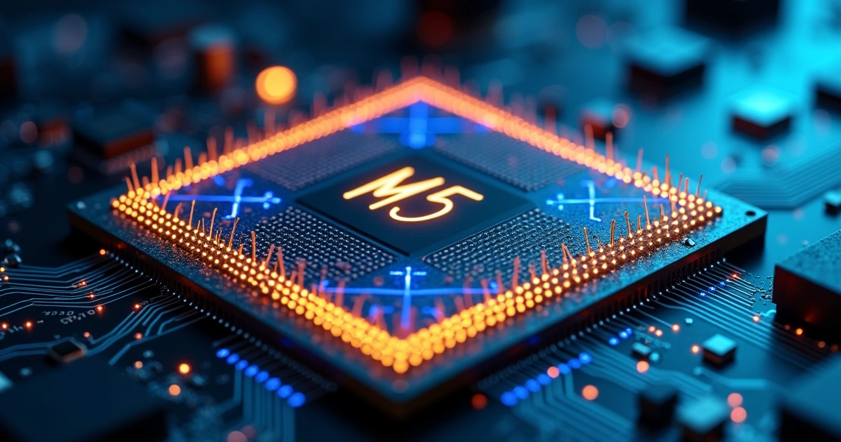 Chip M5 com núcleo neural destacado em fundo escuro 