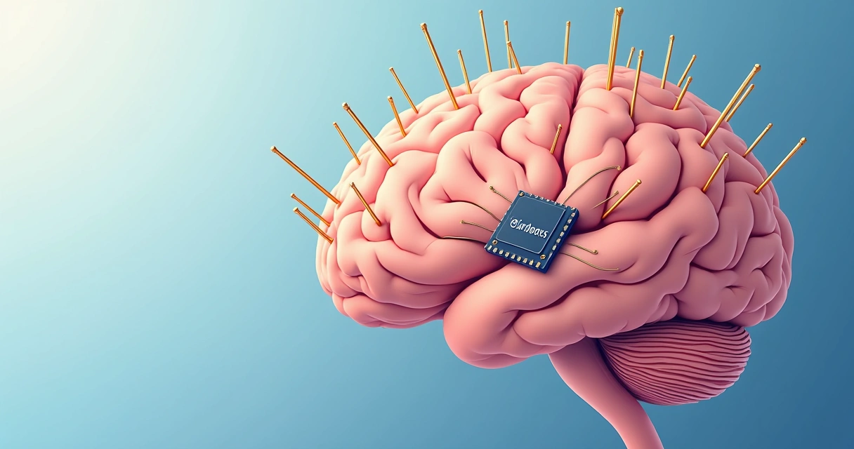 Ilustração do chip Paradromics com agulhas conectadas ao cérebro 