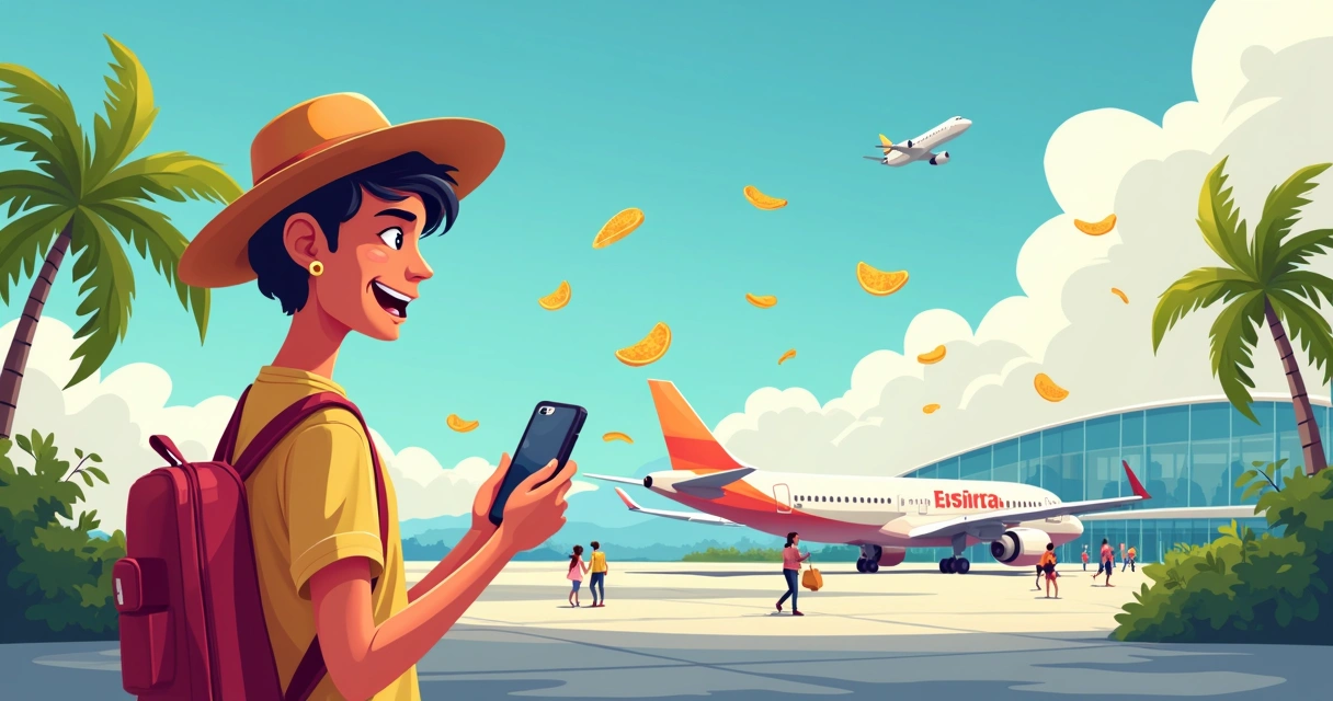 Pessoa mexendo no celular ao lado de um quiosque de chips no aeroporto 