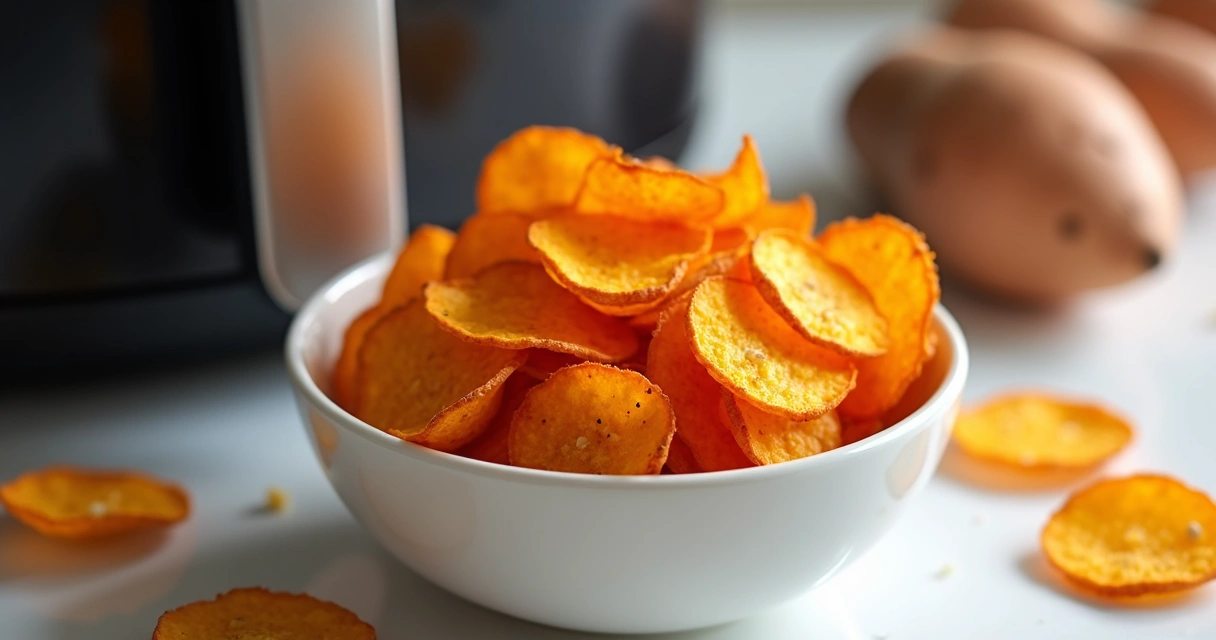 Chips de batata-doce crocantes em tigela pequena 