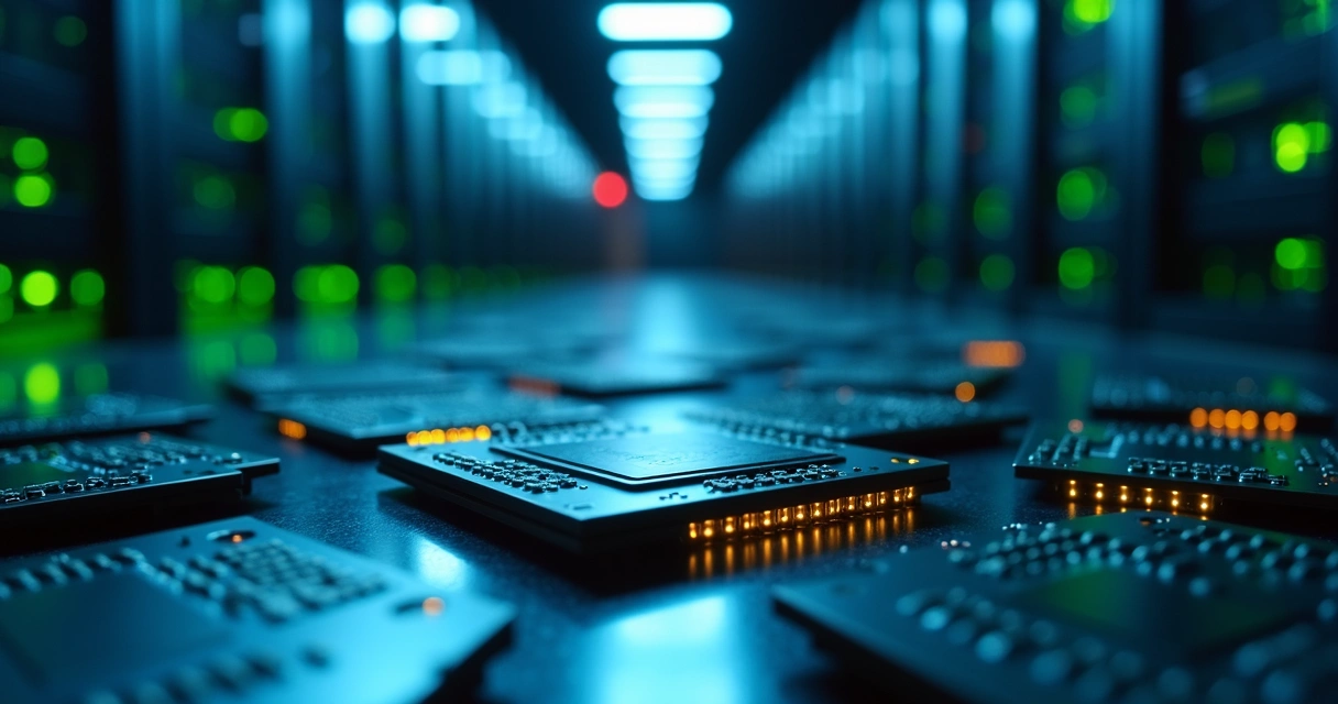 Chips de Nvidia próximos em uma mesa, luzes e destaque nos circuitos 