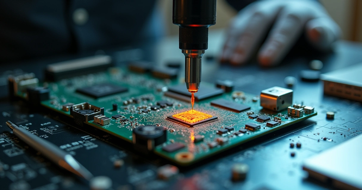 Técnico fazendo reparo em chipset BGA na placa-mãe de notebook 