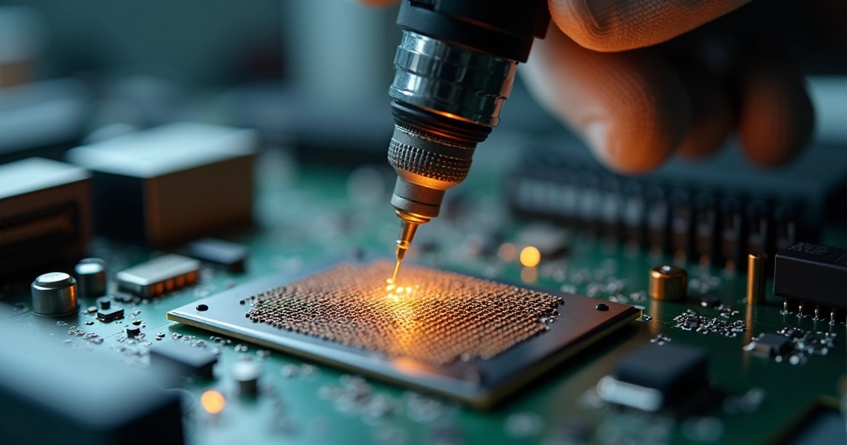 Close de chipset BGA sendo reparado com estação de solda