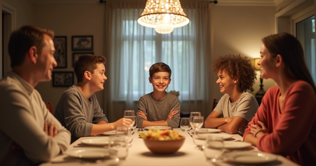 Adolescente contando un chiste a la familia, todos sonriendo excepto un adulto que parece incómodo. 