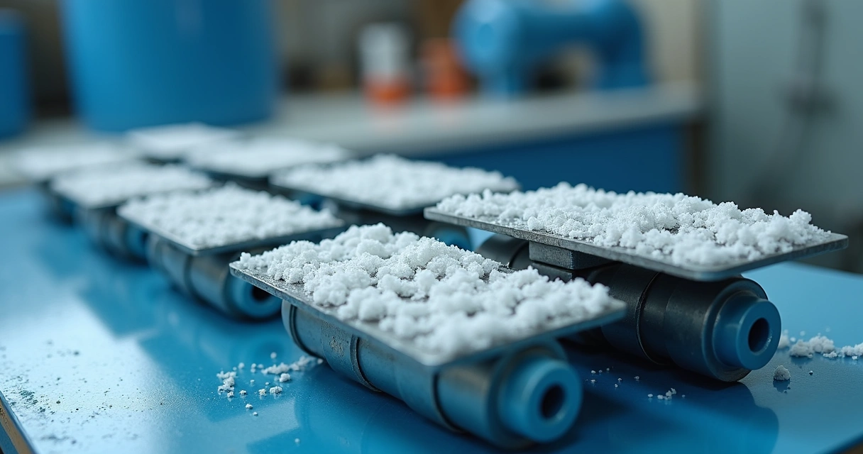 Scaled salt chlorinator cell plates with white mineral deposits 